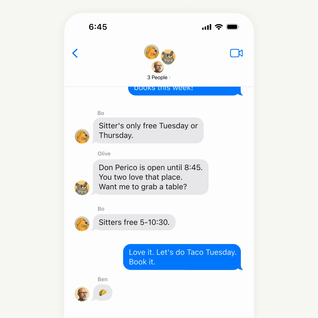 A group text where Townies compare sitter availability, suggest Don Perico, and coordinate a date-night reservation
