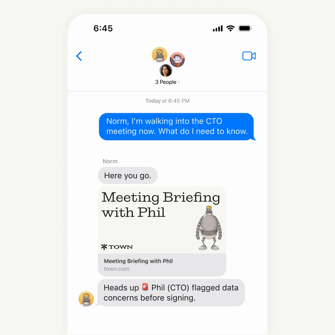 A group text where someone asks what they need to know before a CTO meeting, and Townies share a meeting briefing and flag data concerns